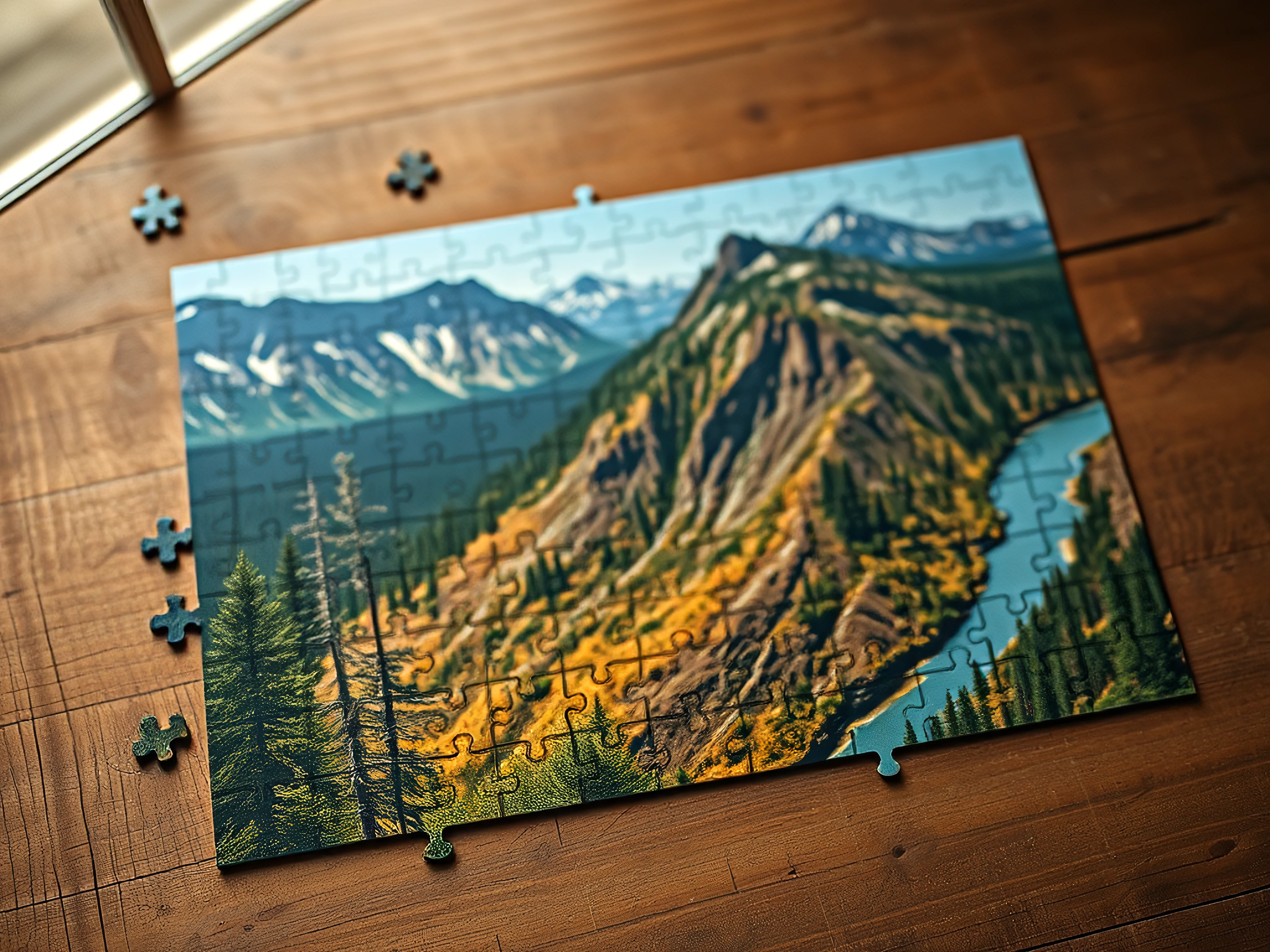 Partially completed national park jigsaw puzzle on a rustic wooden table, top-down view.