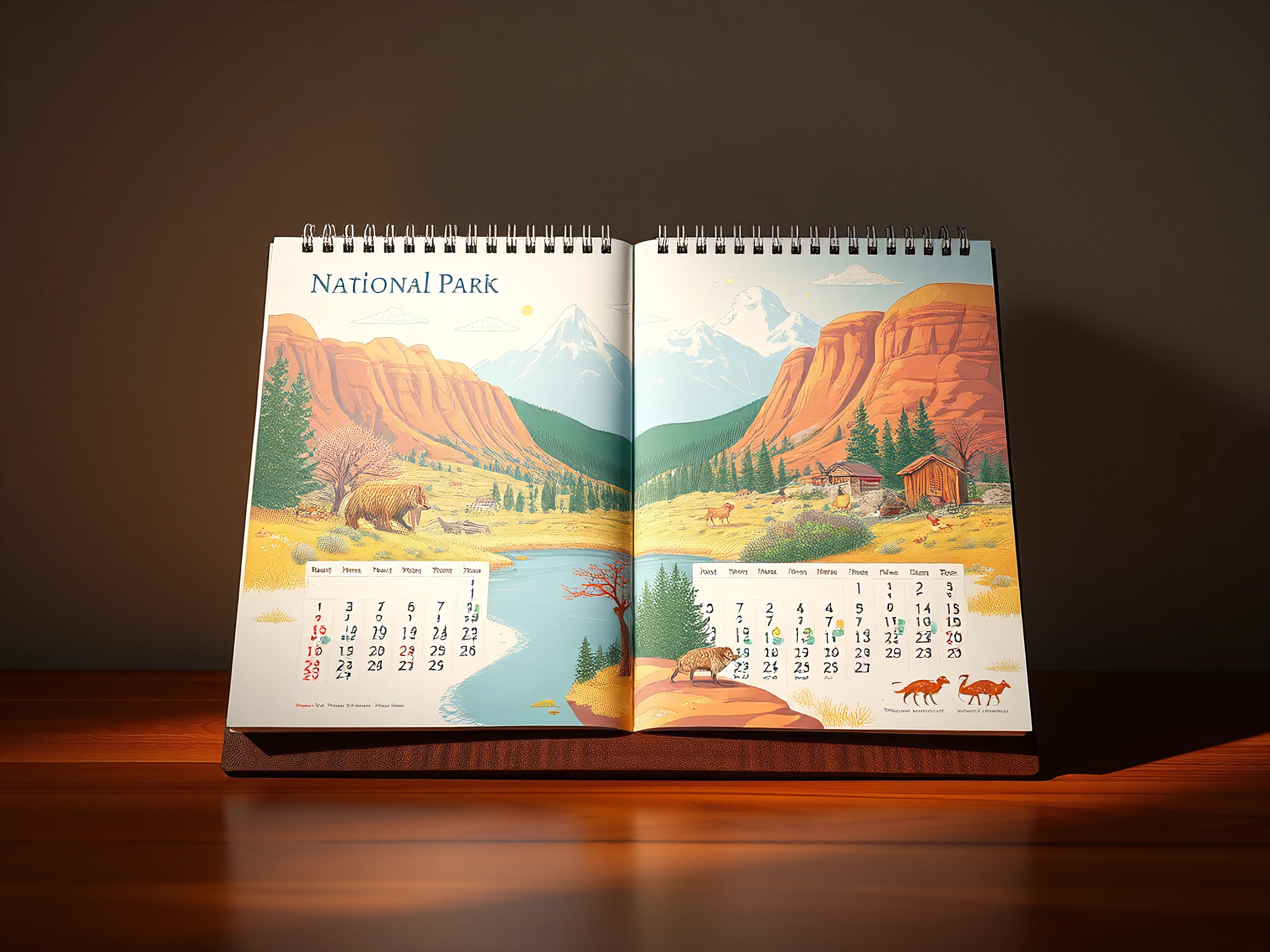 Open national park wall calendar showing diverse vibrant seasonal scenes.