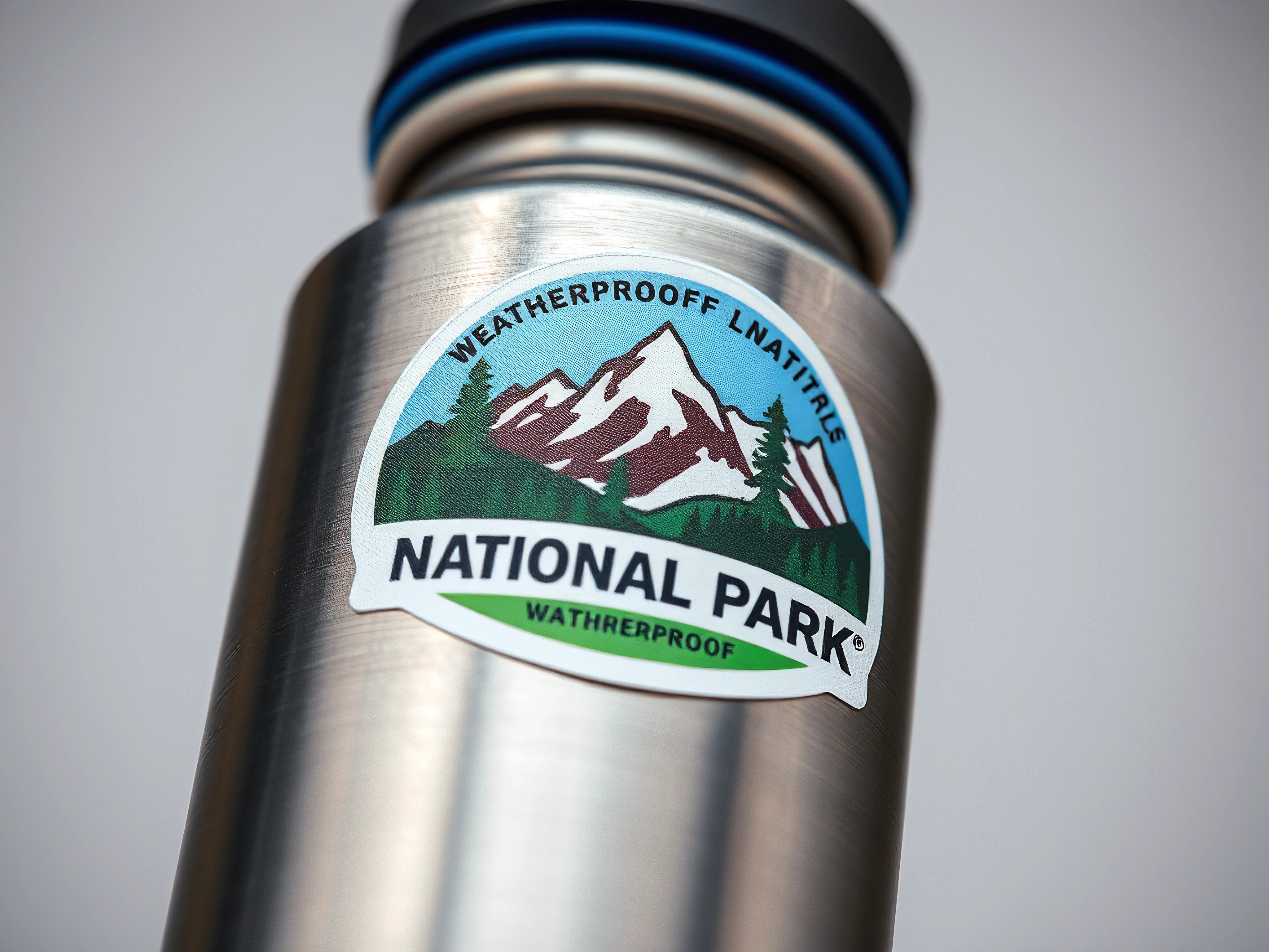 Vibrant national park sticker on a brushed metal water bottle, close-up.