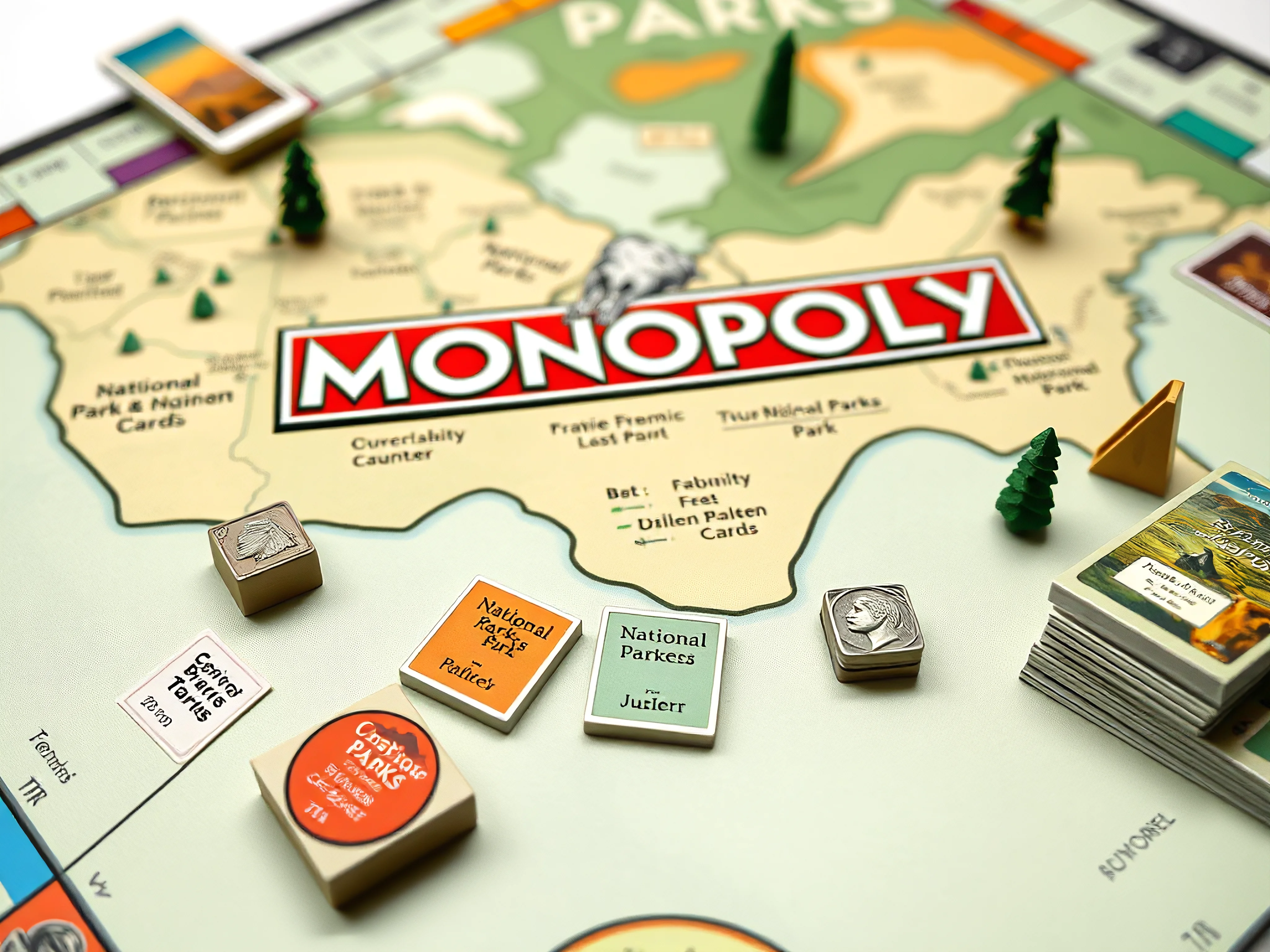 National Parks Monopoly game board with tokens and Discovery cards, top-down view.