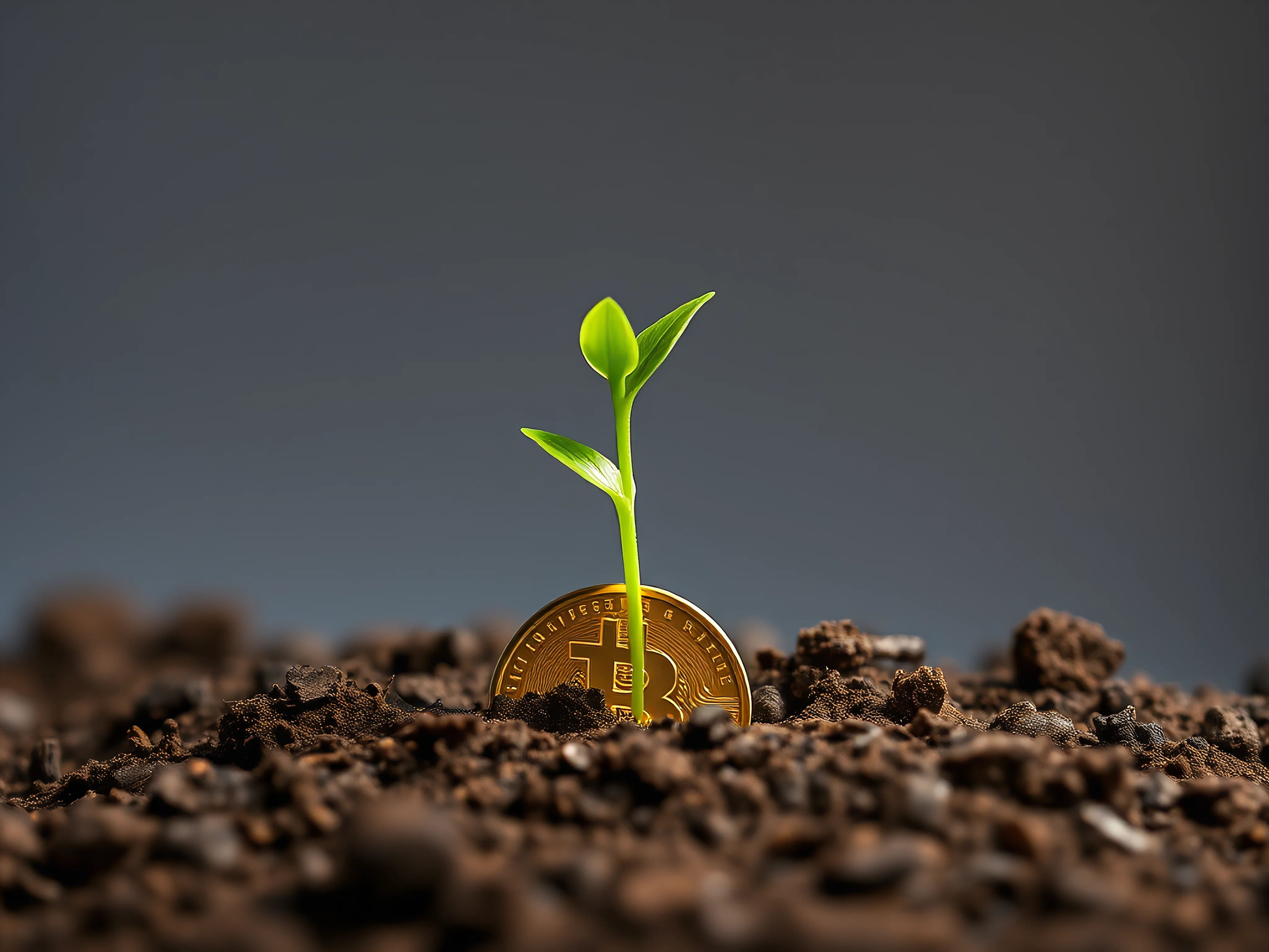 Golden coin with a vibrant green sapling growing from rich soil.