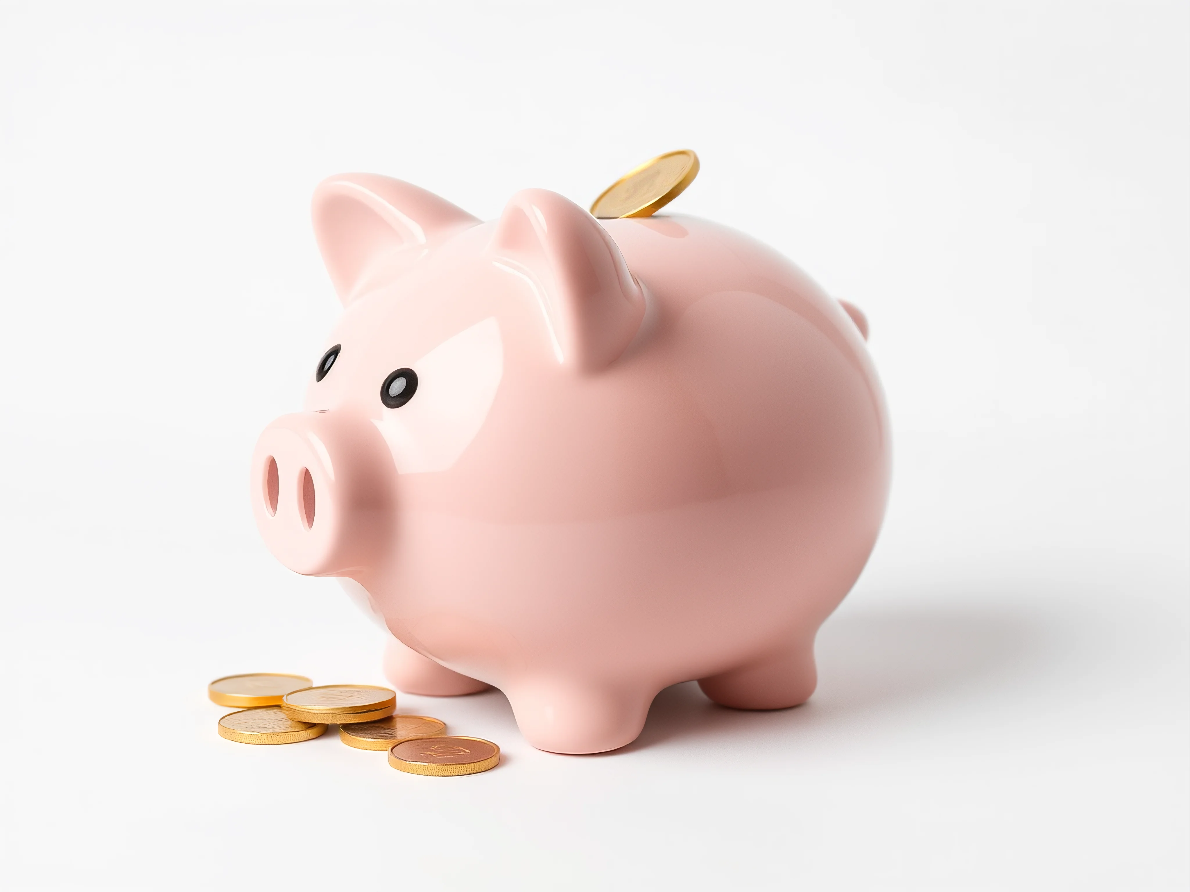 Classic glossy ceramic piggy bank with gold coins exiting.
