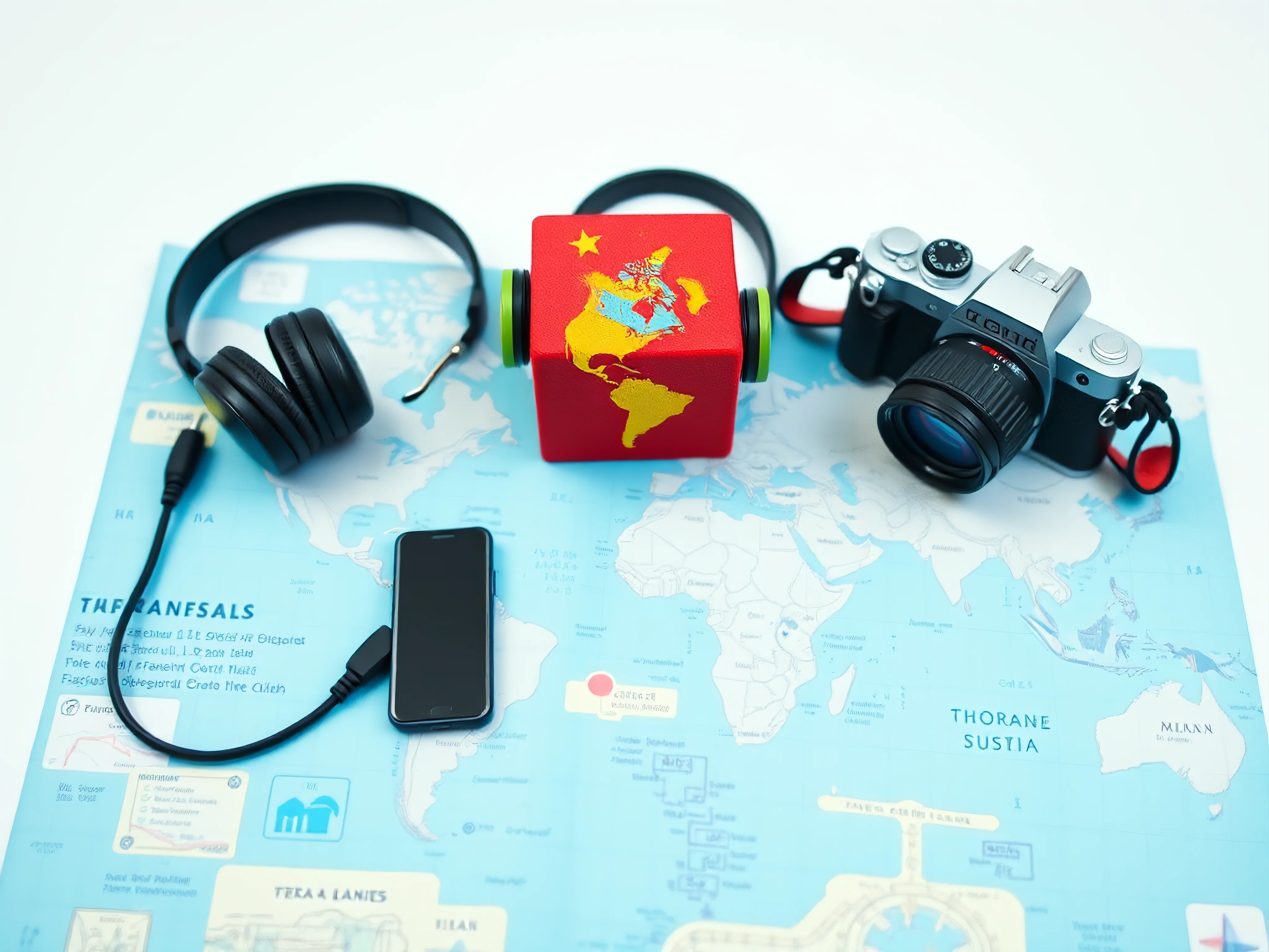 Miniature toy block, globe, headphones, and camera on a travel map blueprint, flat lay.