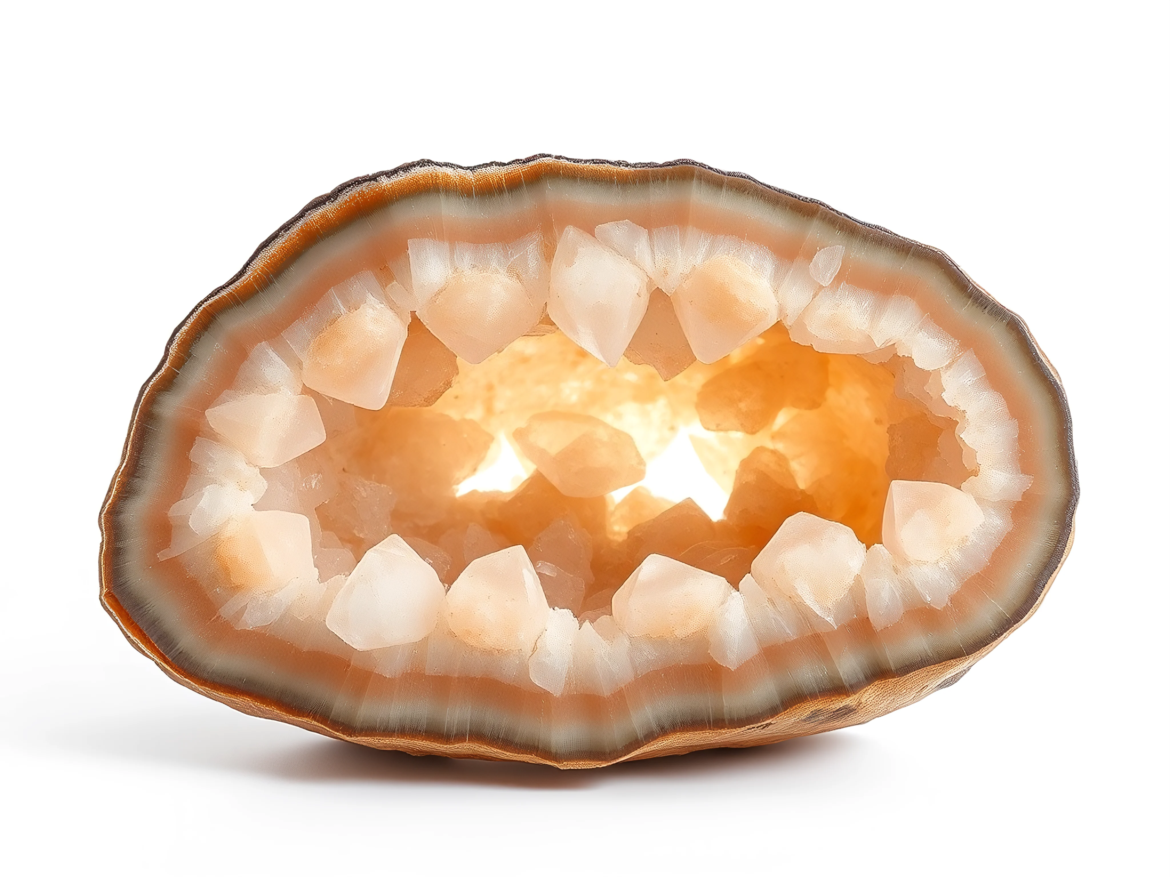Vibrant raw crystal geode product photo, close-up on a stark white background.