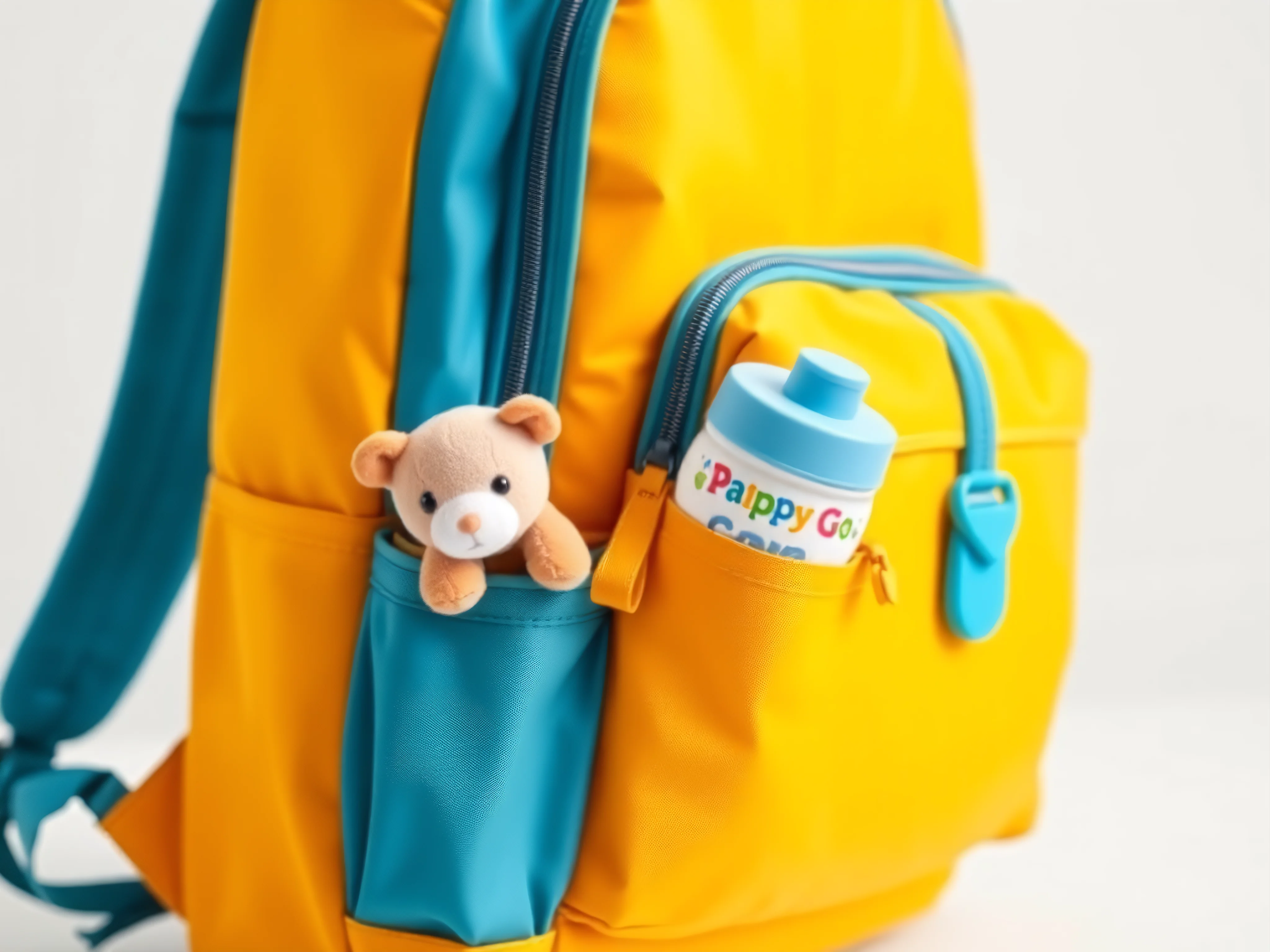 Child's primary-colored travel backpack with a stuffed animal and sippy cup on a white background.