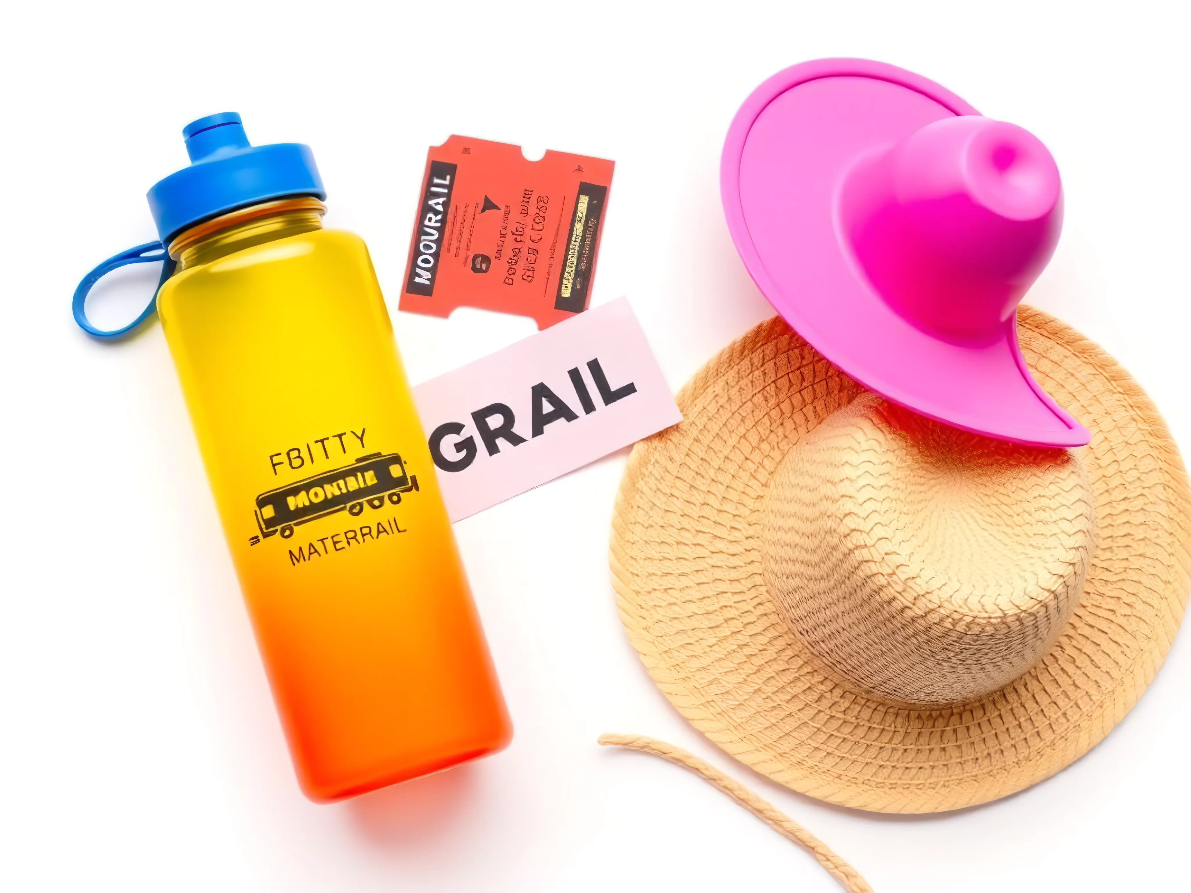 Monorail ticket, water bottle, and child's sun hat in a vibrant flat lay.