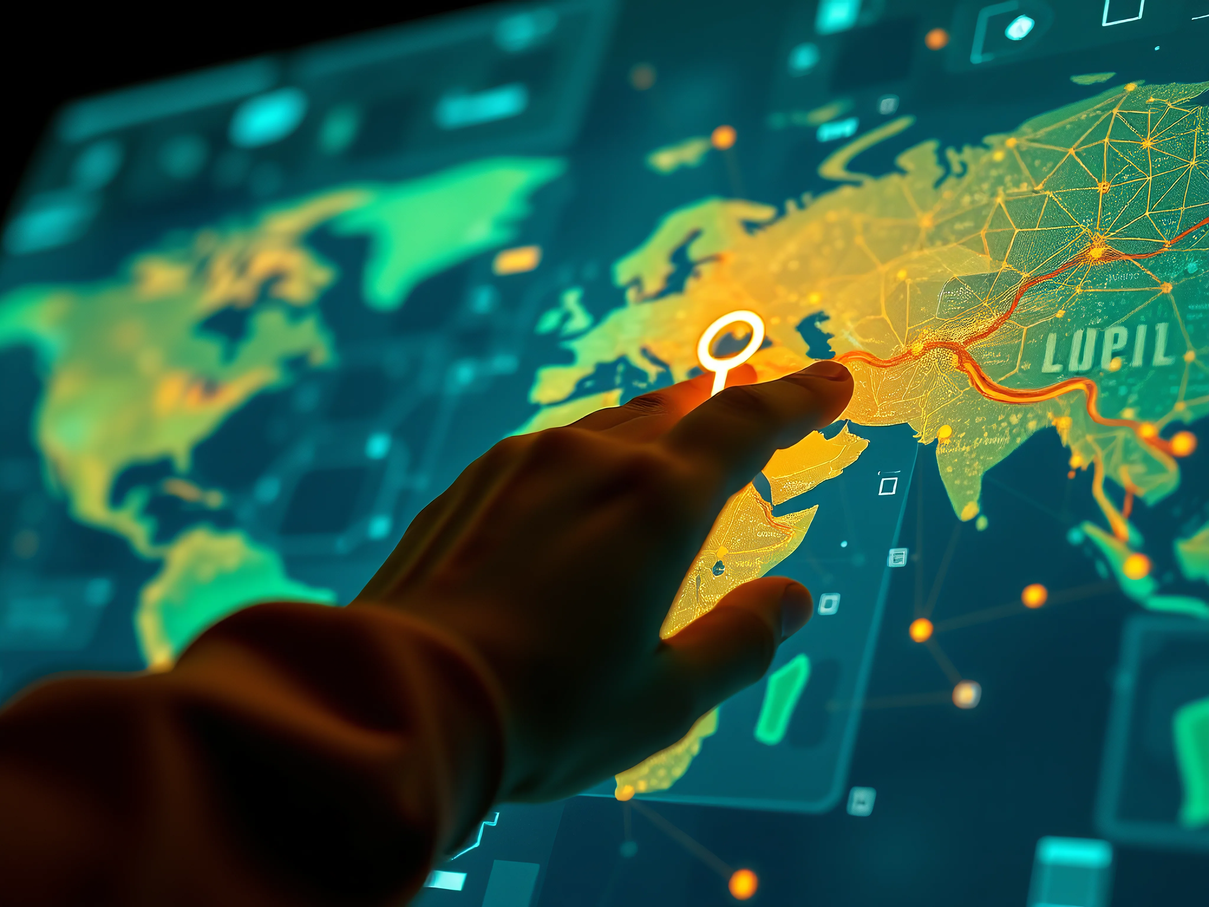 Close-up of a hand selecting abstract paths on a vibrant teal, green, and orange holographic map.