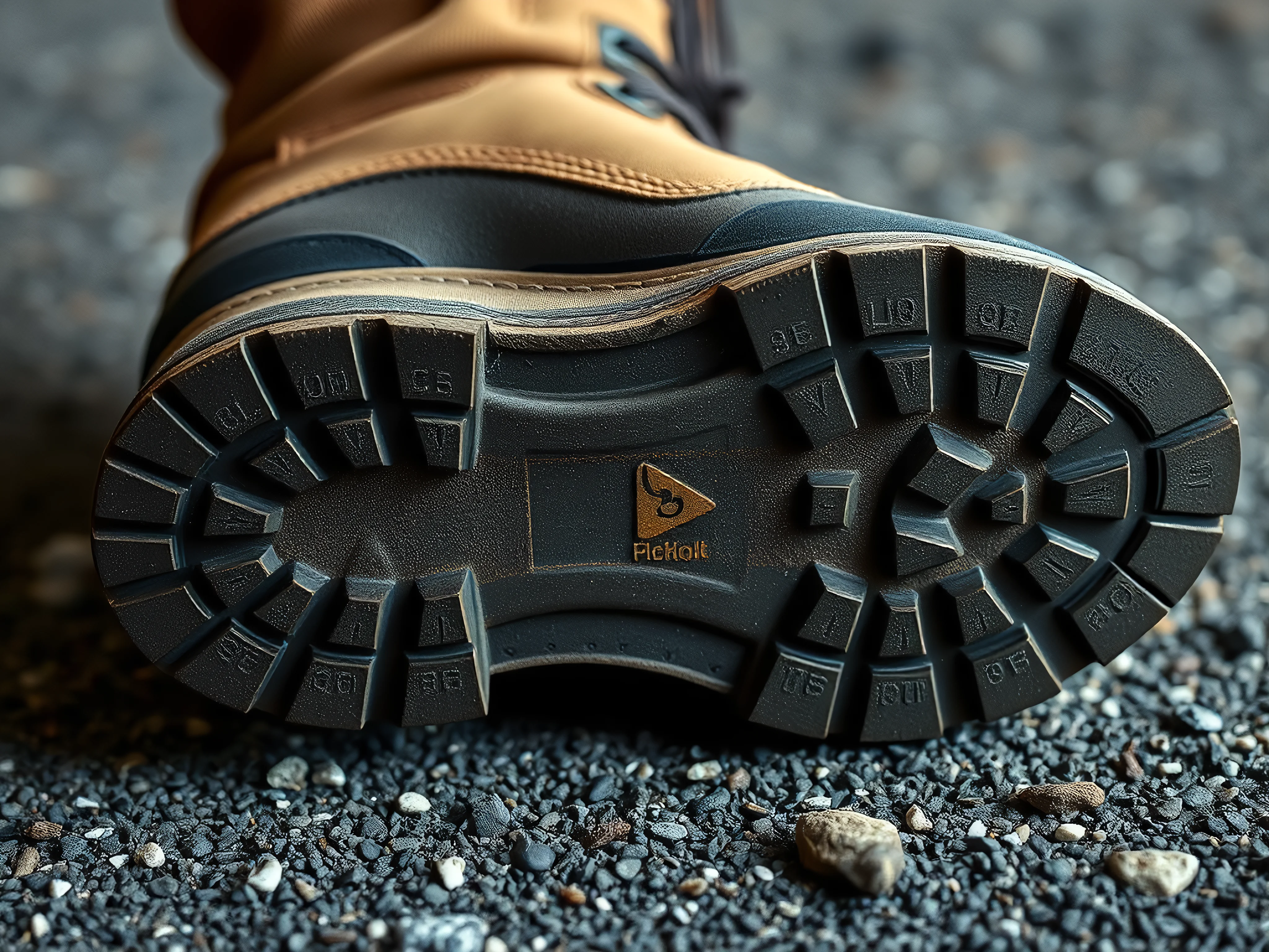 Well-worn hiking boot sole with textures from urban, gravel, mud, and mountain trails.