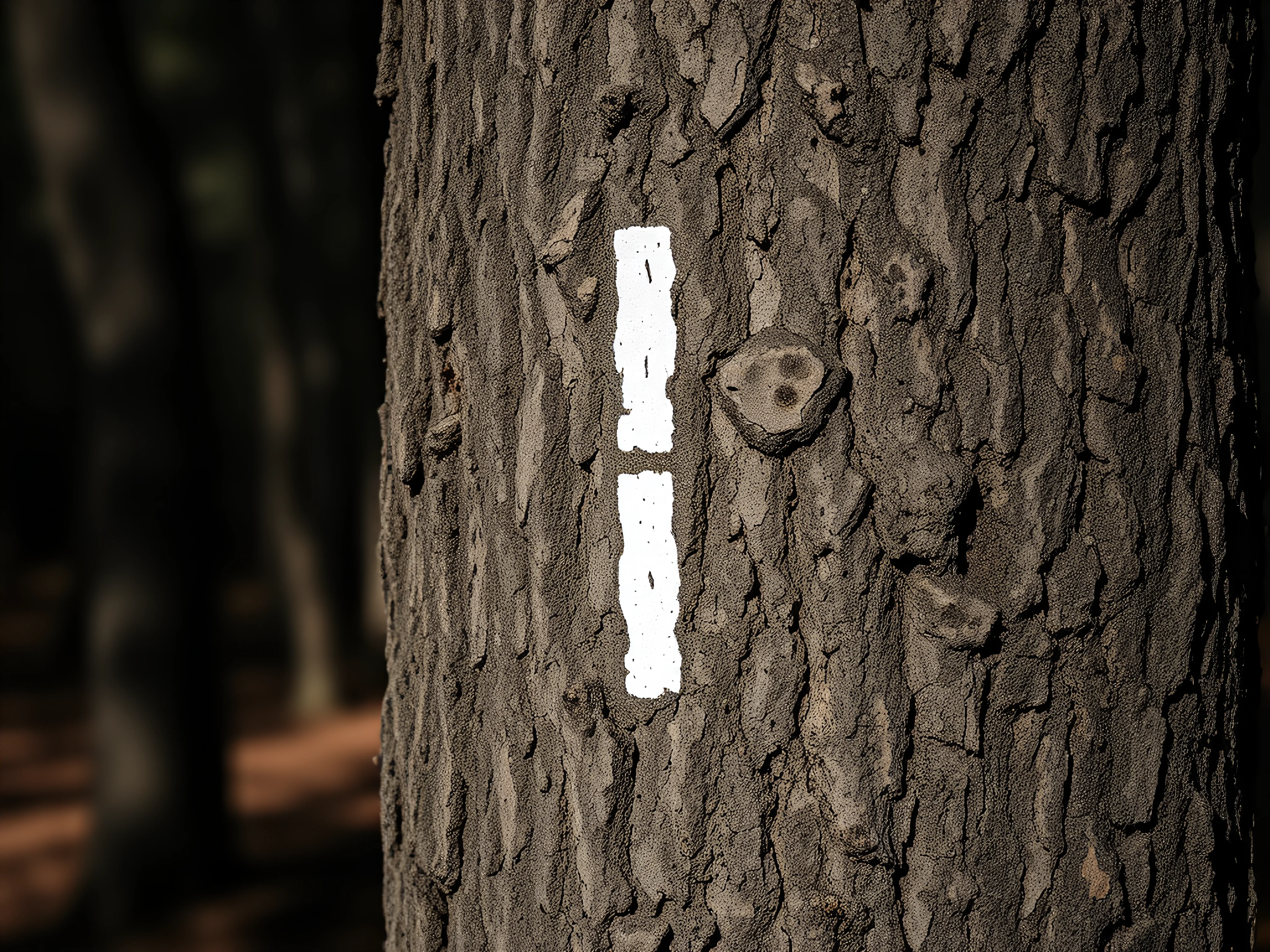 Double white trail blaze on a tree, signaling a path change.