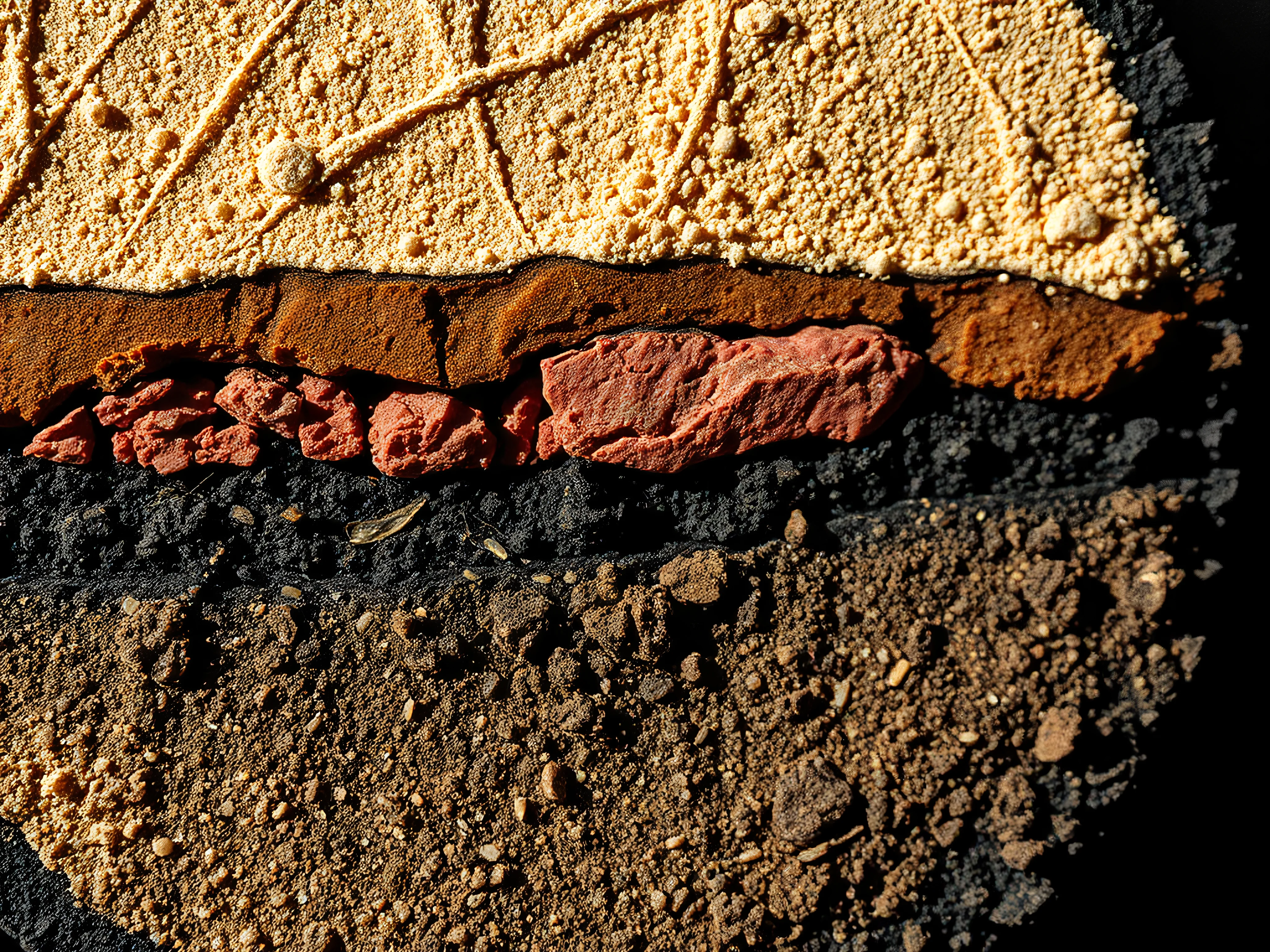 Stratified geological core sample with layers of sand, red rock, and dark soil.