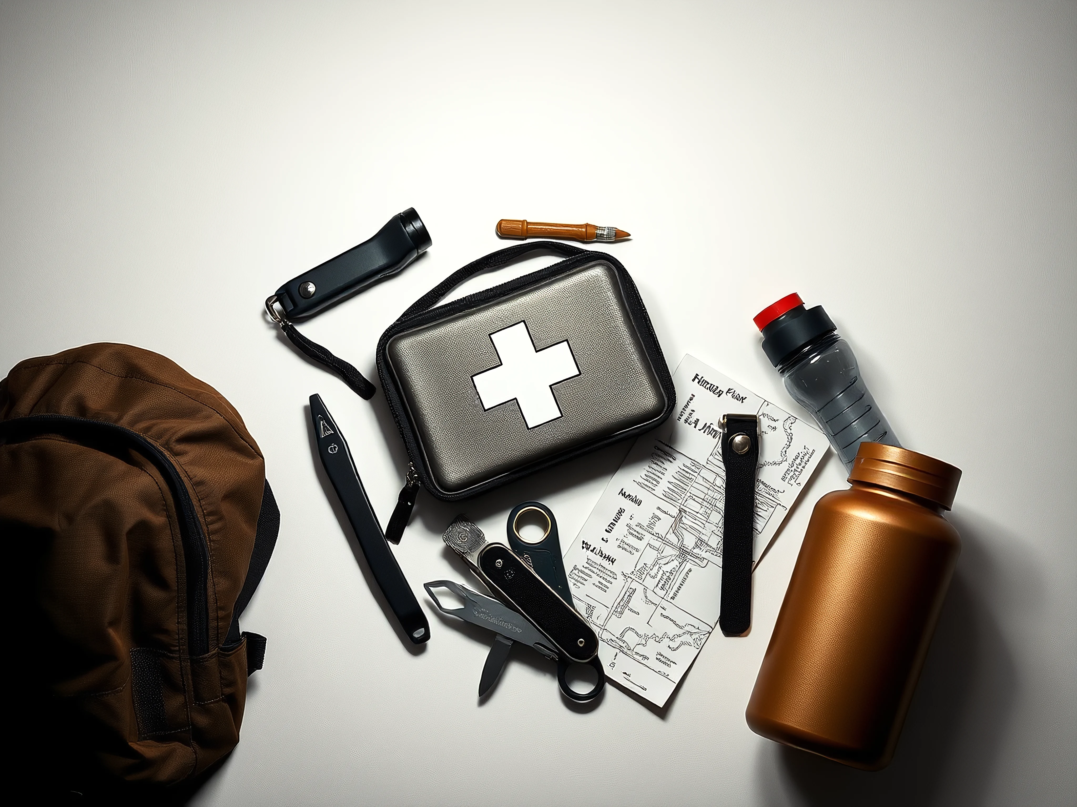 Flat lay of compact first-aid kit, headlamp, multi-tool, map, water bottle in desaturated earthy tones.
