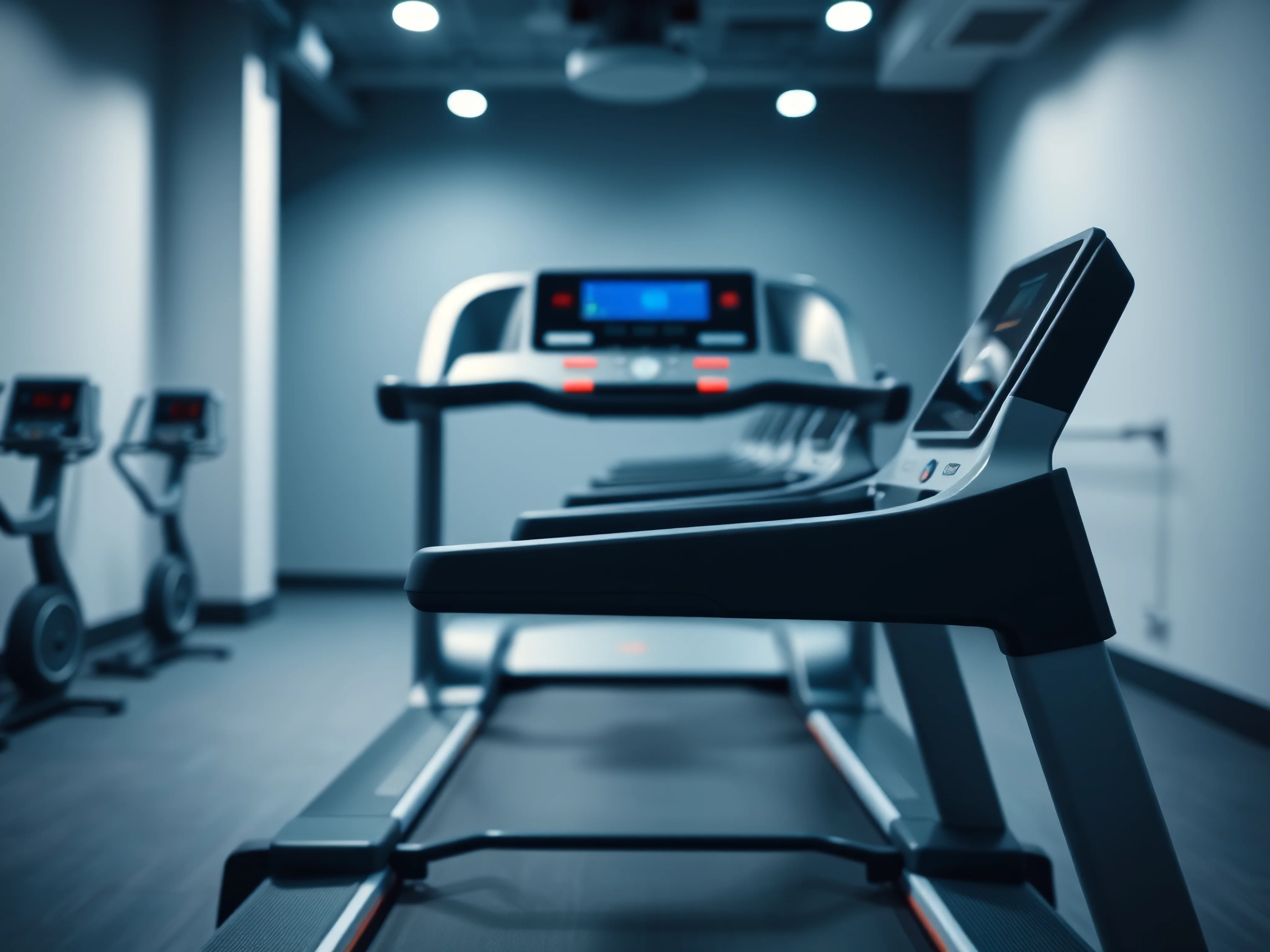 Sleek, modern treadmill in cool blue and gray tones.
