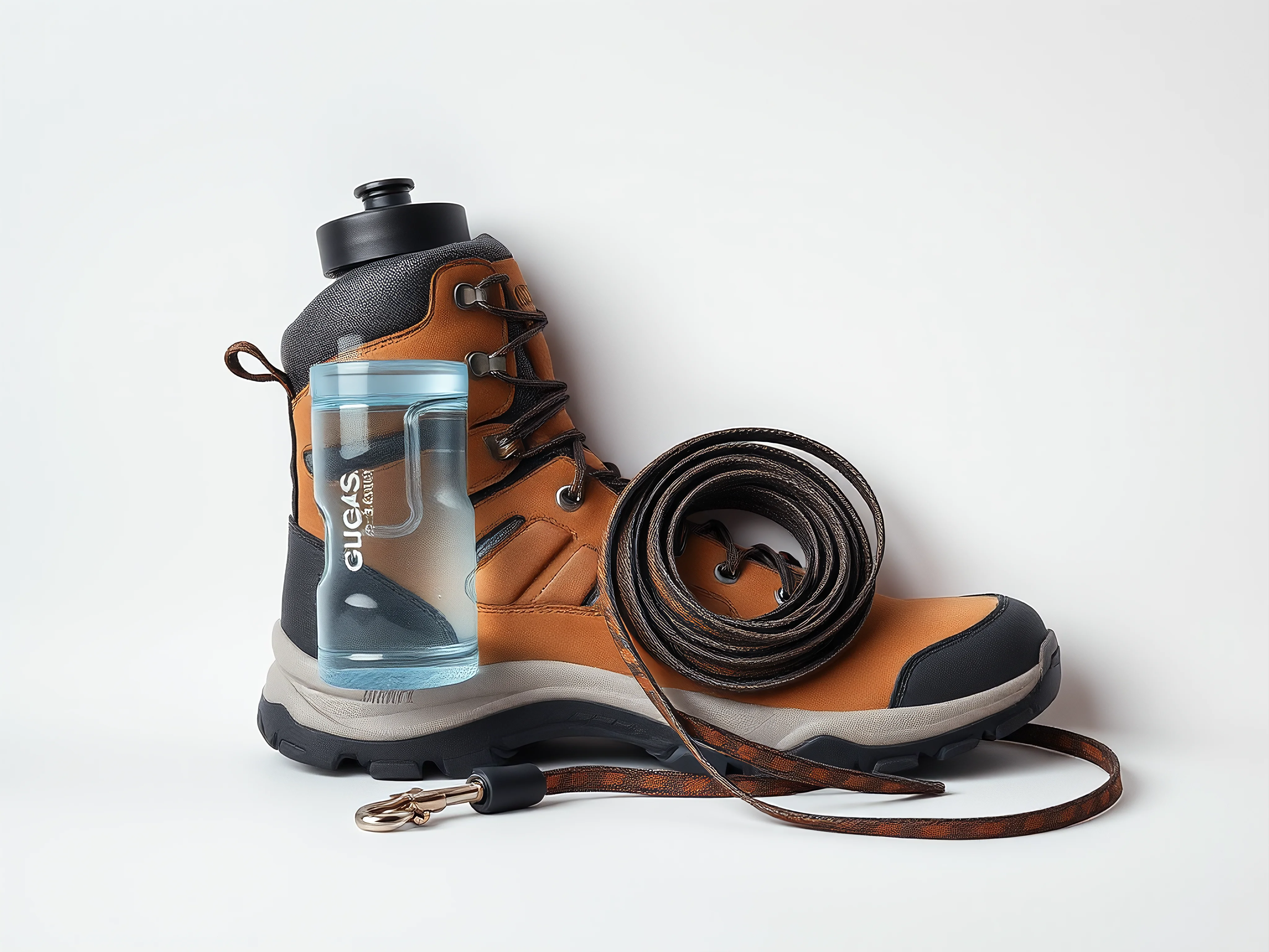 Flat lay of hiking boot, water bottle, and dog leash in desaturated earthy tones.